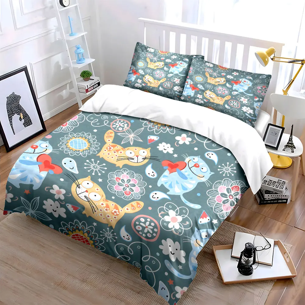 

Playful Cats and Floral Patterns Set kid's and adults' bedroom decor, Exquisite three-piece bedding set gift