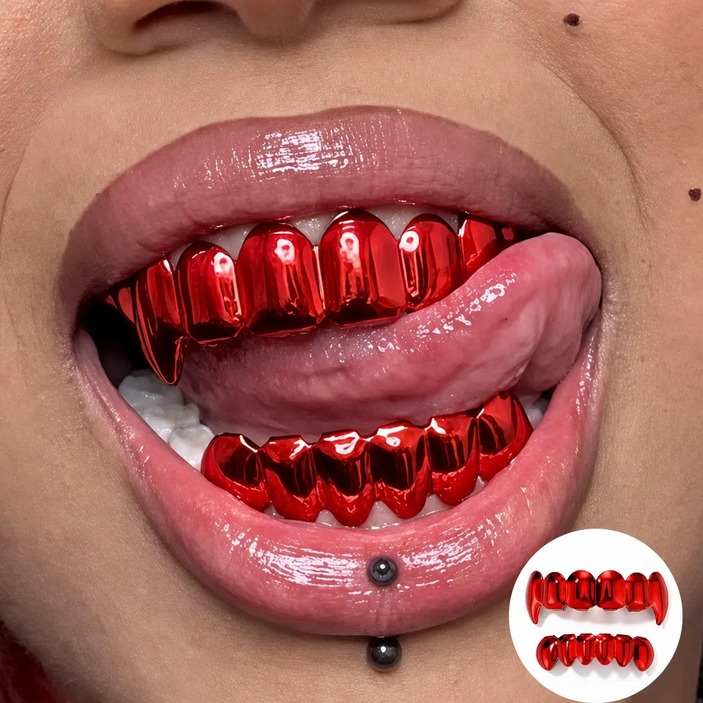Red Vampire Fangs Grillz Set Hip Hop 6 Teeth Smooth Surface Top & Bottom Teeth Accessory Y2K Punk Rapper Christmas Theme