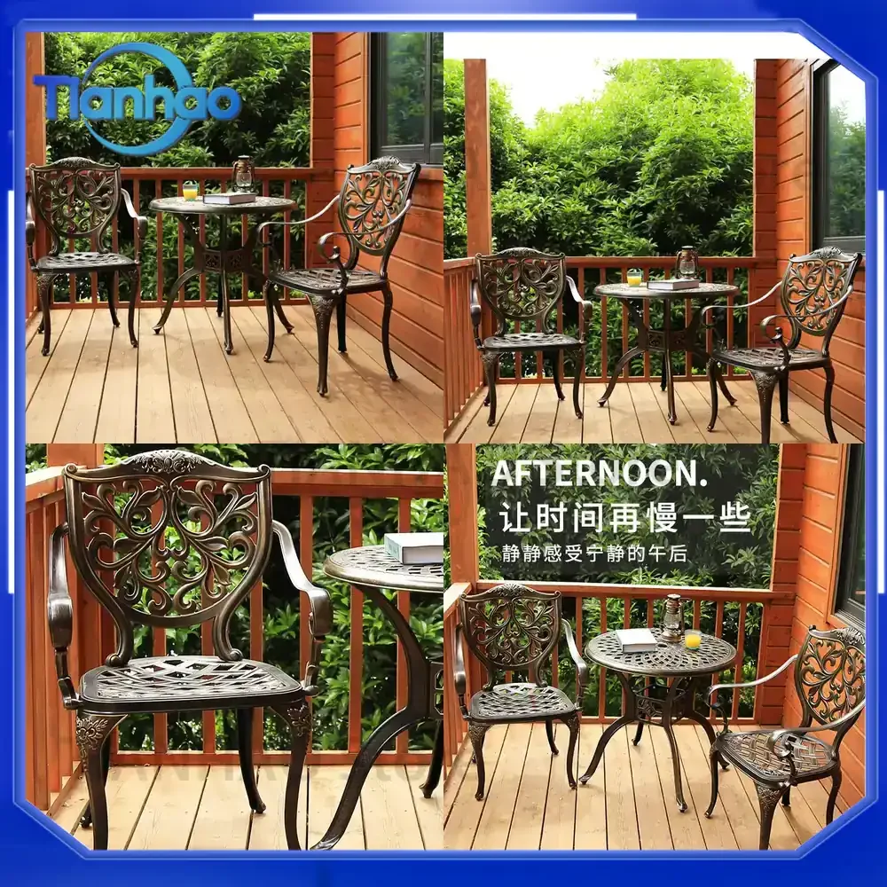 Outdoor Cast Aluminum Wrought Iron Balcony Small Table and Chair Courtyard Leisure Three-Piece Set for Terrace