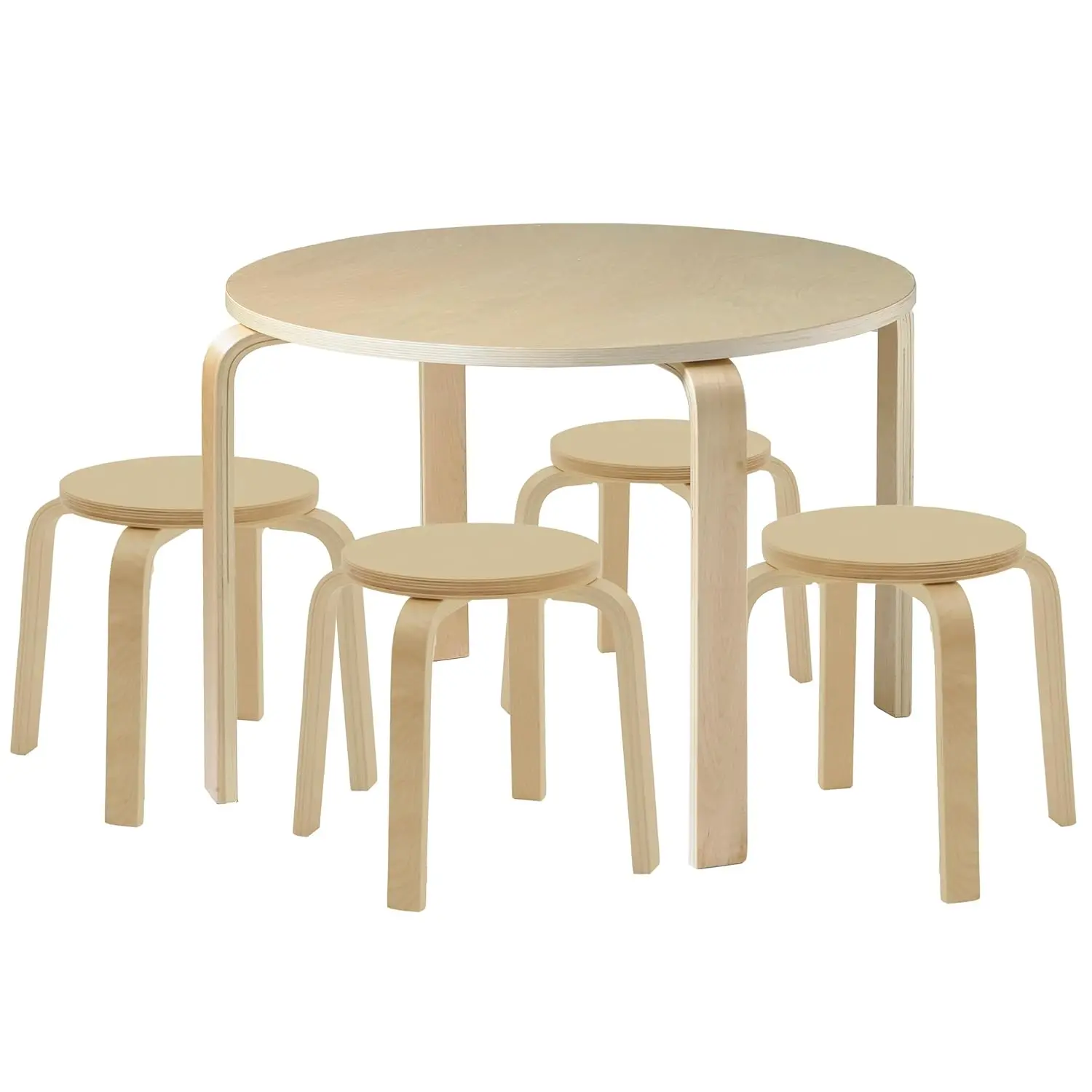 Set tavolo rotondo e sgabello in legno curvato, mobili per bambini, naturali, 5 pezzi