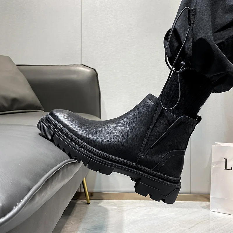 

Сапоги мужские короткие сапоги ботинки челси на толстой подошве высокие мужские туфли черные замшевые сапоги