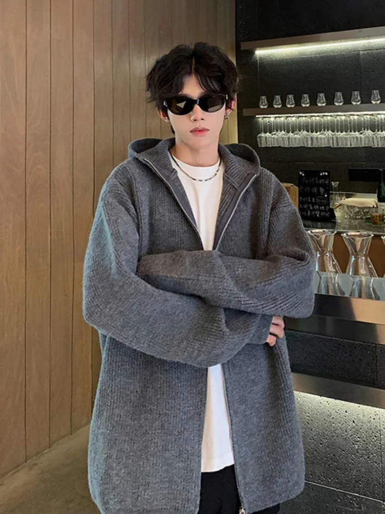 

Deep ey Men's Open Cardigan Sweater Winter Hooded Knitted Double Zipper American Sle Lazy High-End Feeling Long Sve Coat