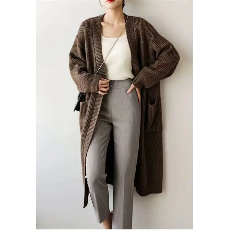 Knitted Solid Color V-neck Cardigan Medium Loose Slim and Versatile Western Style That Covers Stomach Hairy Clothes for Women