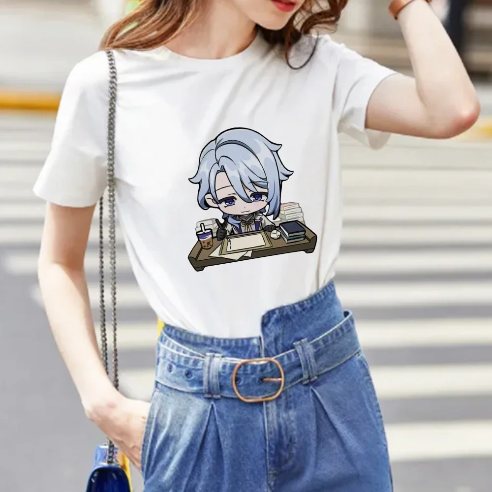 

Genshin Impact Women T-shirt Clothes Kamisato Ayato Cartoon Print Short Sleeve Tee Shirt O-Neck Aesthetic Y2k Clothing Tops