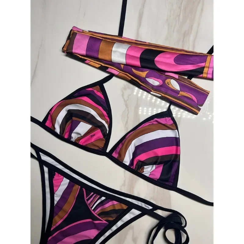 Nowe damskie zestawy bikini z opaską na głowę 2025, modne wzory, nadruk w paski z literami, luksusowe stroje kąpielowe europejskiej marki, seksowne tankini.