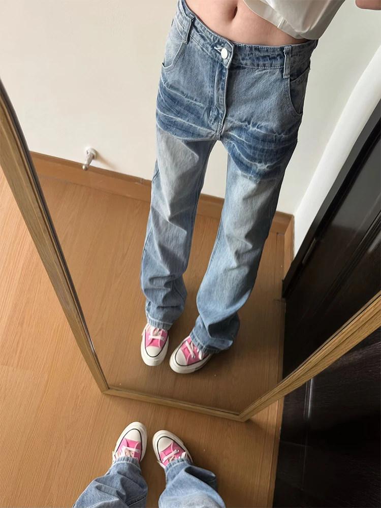 

Light Blue Lightning Pattern Men's Jeans High Street American Vibe Clean Fit Straight Leg Micro Flare Pants Spring Autumn