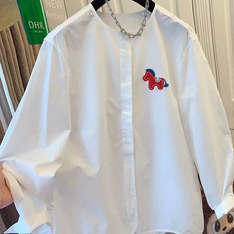 

Summer Large Size 300 Pounds 2026 White Embroidered Long Sleeve round Neck Loose Commuter Shirt for Men Cotton Casual Top
