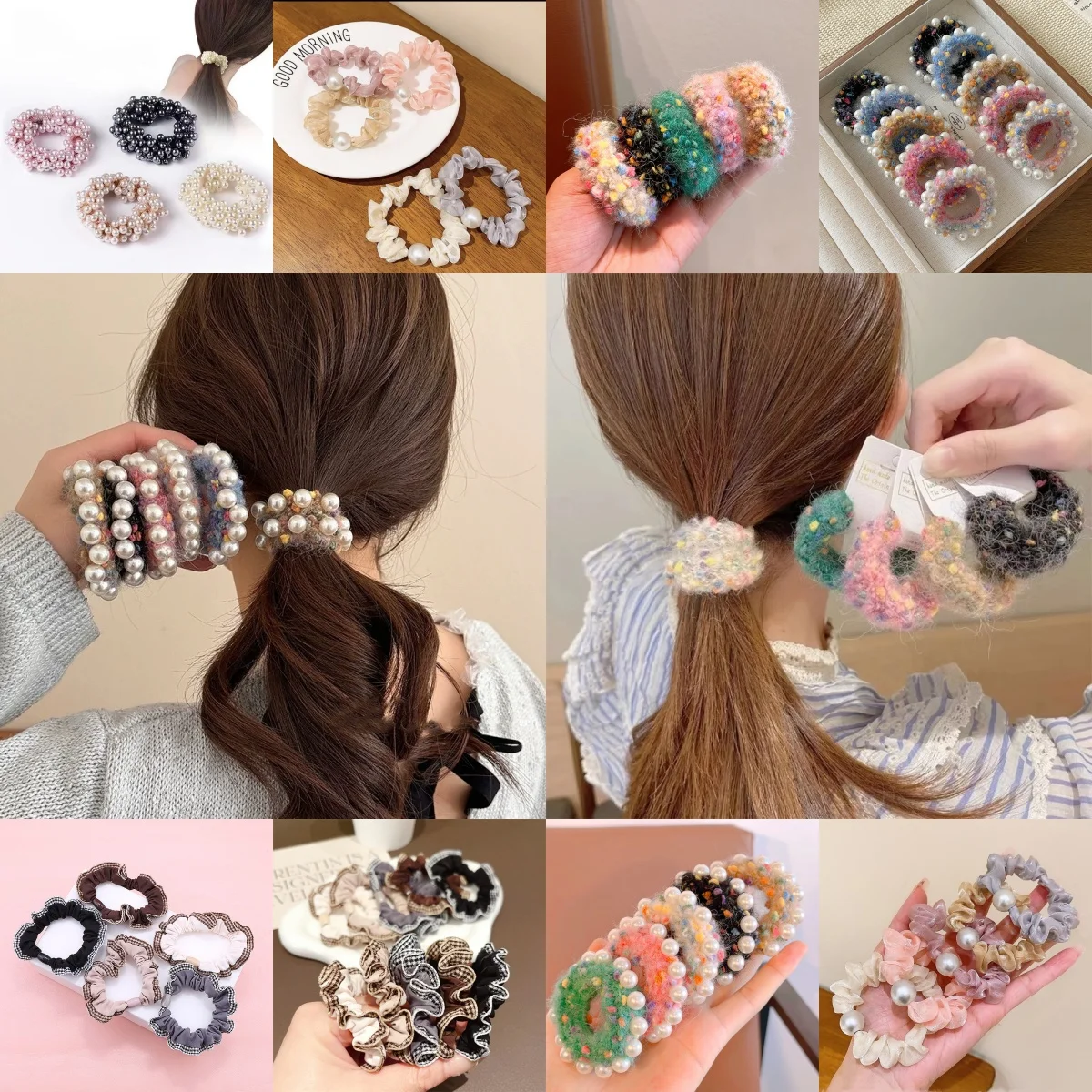 

5PCS Women's Hair Ropes Band Hair Accessorie Rainbow Beads Plush Hair Tie with High Elasticity and Durability Rubber Band