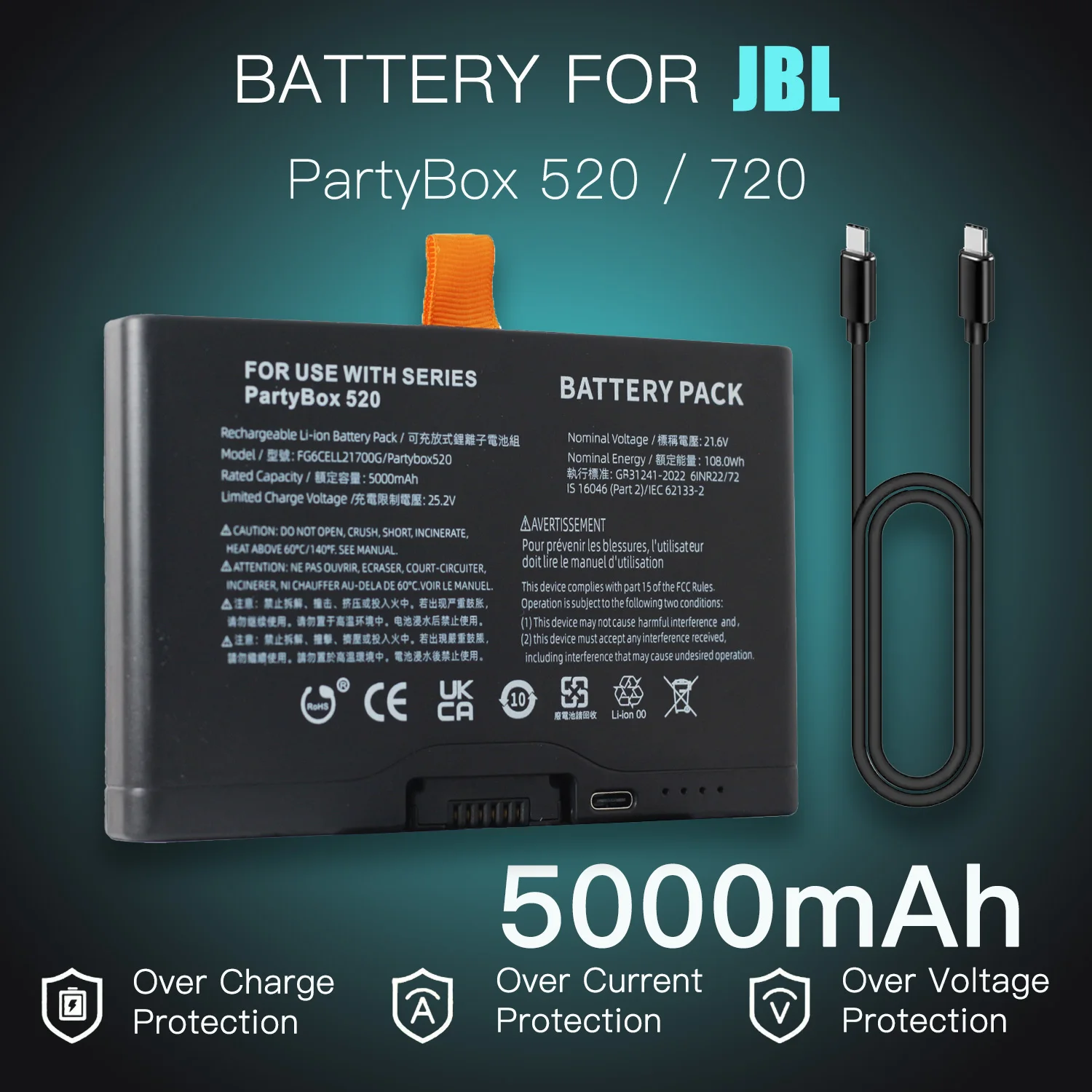 

Динамик 5000 мАч FG6CELL21700G Аккумулятор для JBL PartyBox Stage 520/720 Запасной аккумулятор с TYPE-C