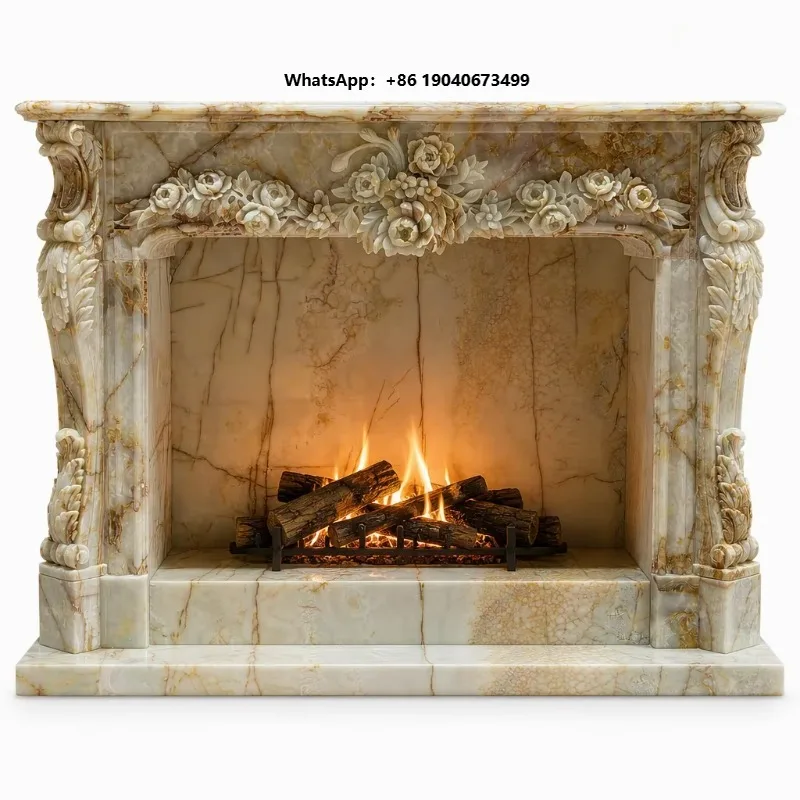 Factory Custom Green Jade Marble Electric Fireplace Surround Carved Floral Acanthus Column Mantel Luxury Indoor Hotel Lobby xyl
