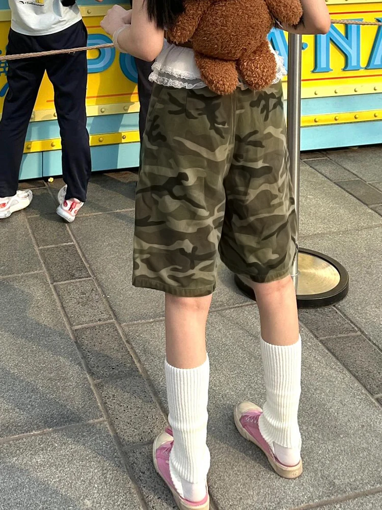 PBAP Retro Camouflage Breite Cargo Hosen Frauen Waschen Hohe Aufstieg Baggy Jorts Lose Beiläufige Knie Lange Denim Shorts Harajuku Streetwear