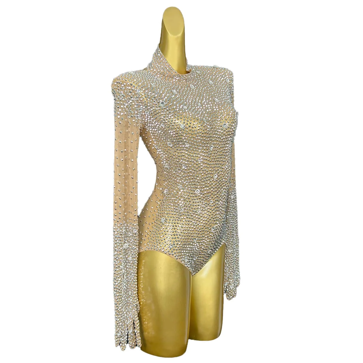 Nude Long Sleeves Shining Crystal Rhinestones Sexy Jumpsuits for Women Carnival Drag Queen Outfits Pole Dance Clothing Shizuan