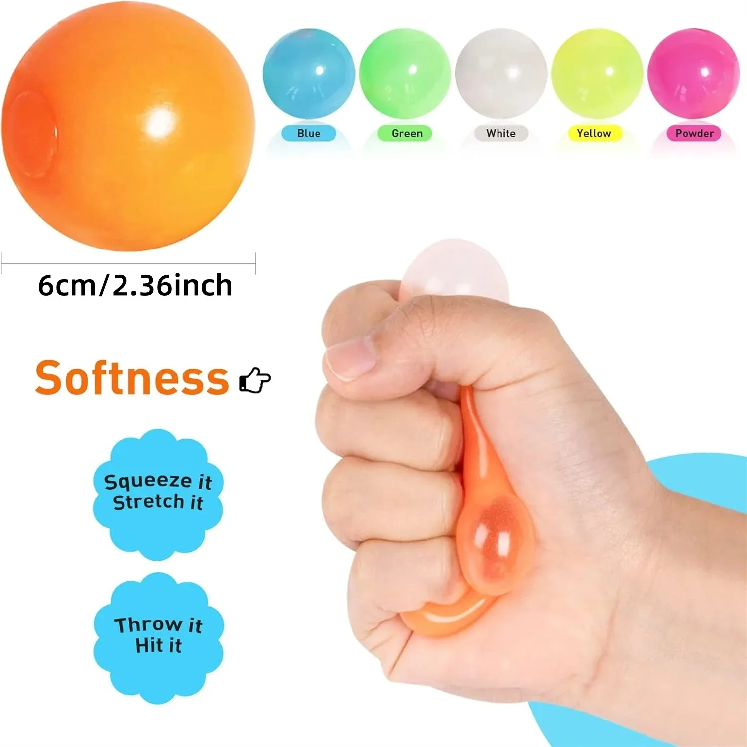 1/5/6Pcs Glow in The Dark Sticky Balls Squishy Stress Relief Toys Fun Fidget Toys Sensory Decompression Toys for Kids & Adults