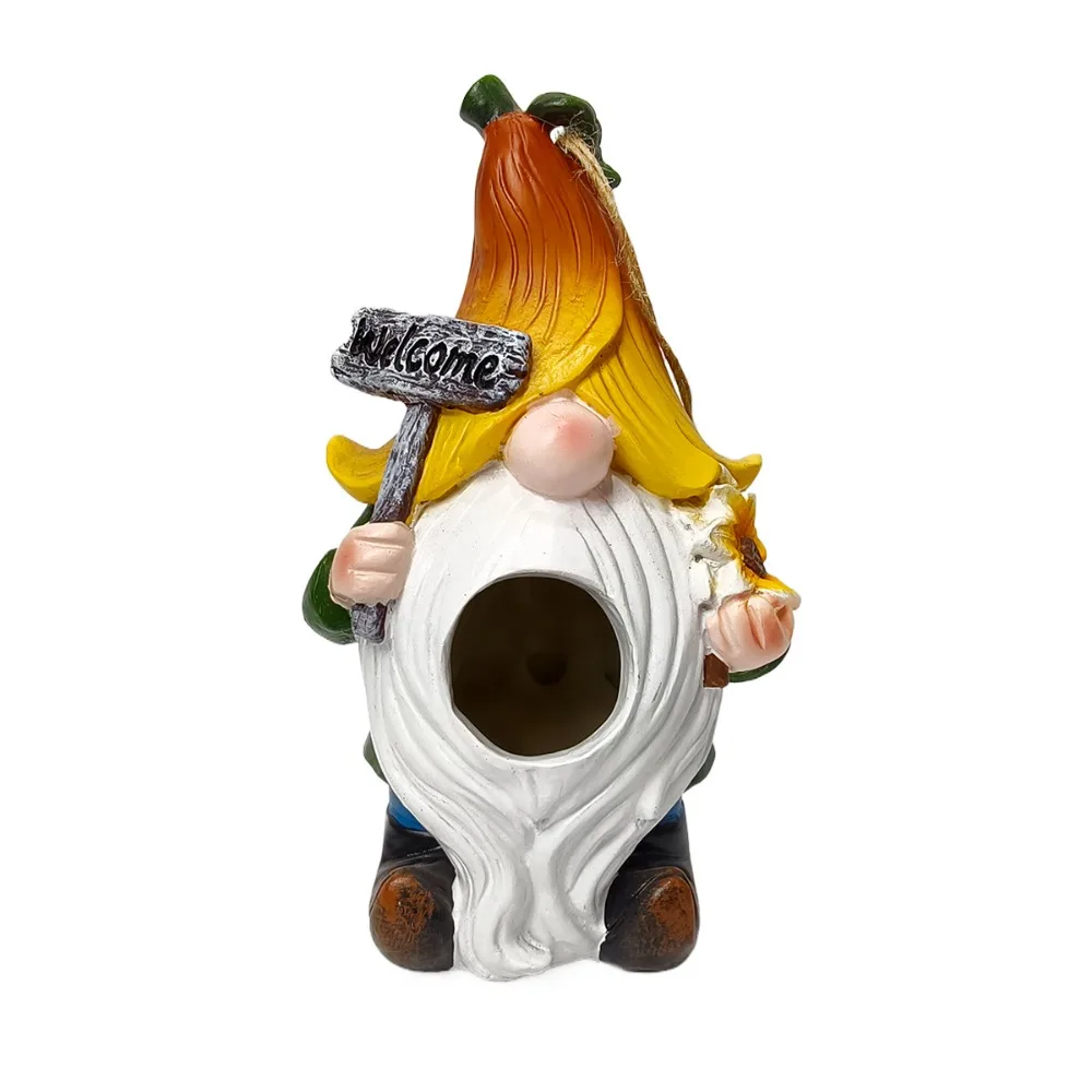 

Resin Crafts White Bearded Dwarf Bird House Weatherproof Ventilation Holes Wild Bird Nesting Box Handcrafted Bird Feeder Hut