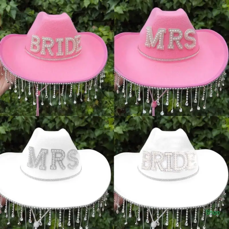 

Dropship Bride Cowboy Hat Tassel Cowboy Hat Mrs Hat Bride Hat Bachelorette Party Hat Bridal Party hat Tassel Cowgirl Hat