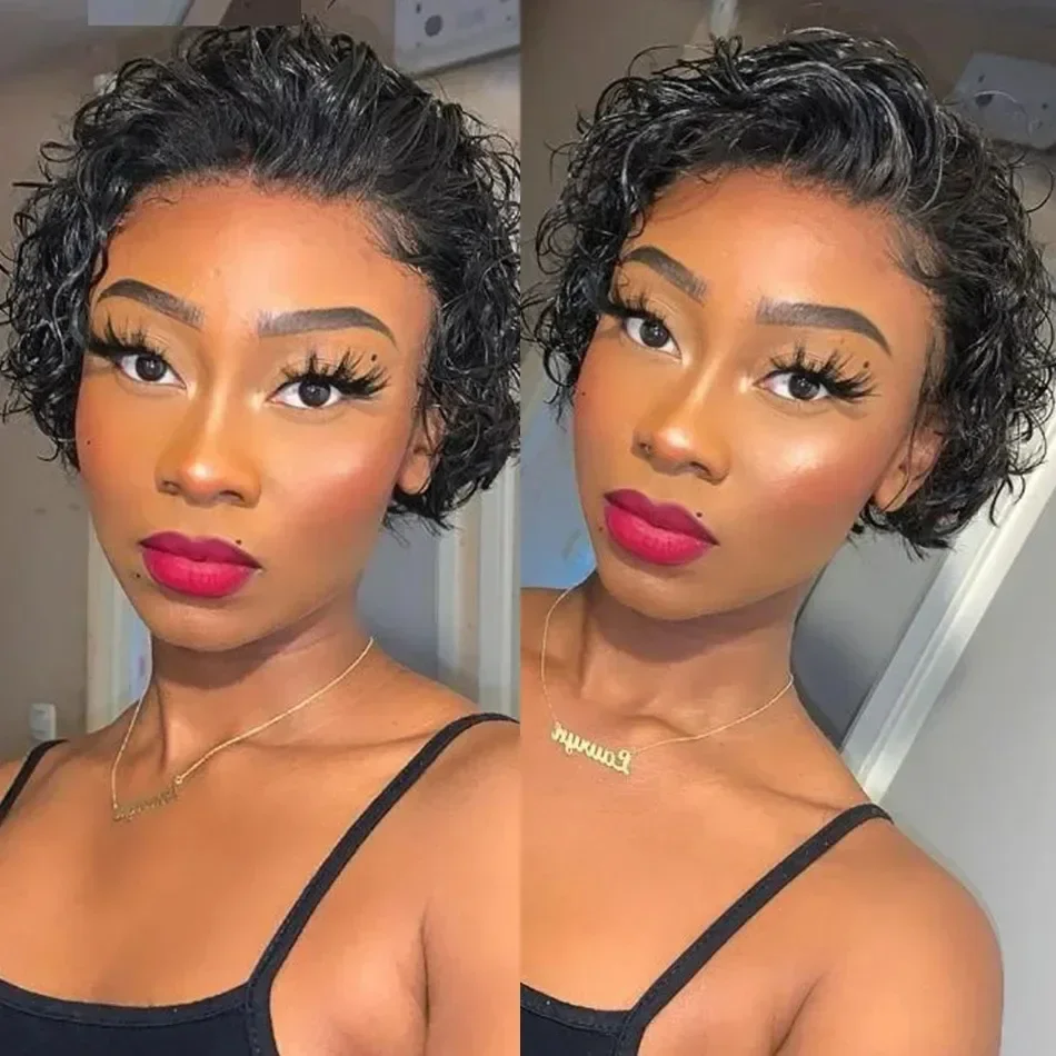 Usexy 13x4 Pixie Cut Lace Front Wigs Human Hair 180% Density Black Color Transparent Lace Frontal Human Hair Wigs for Women