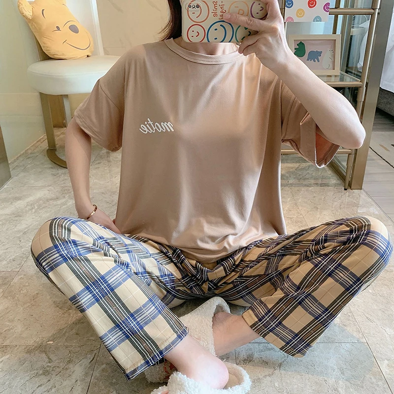 1Set pigiama estivo Set ragazza t-shirt a maniche corte Plaid pantaloni lunghi Sweet Housewear Suit donna