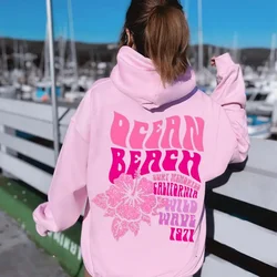 Women Fashion Casual Hoodies Ocean Beach Flower Slogan Front Back Pink Sweatshirts Beach Aesthetic Pullover Hoodie Trip Tops