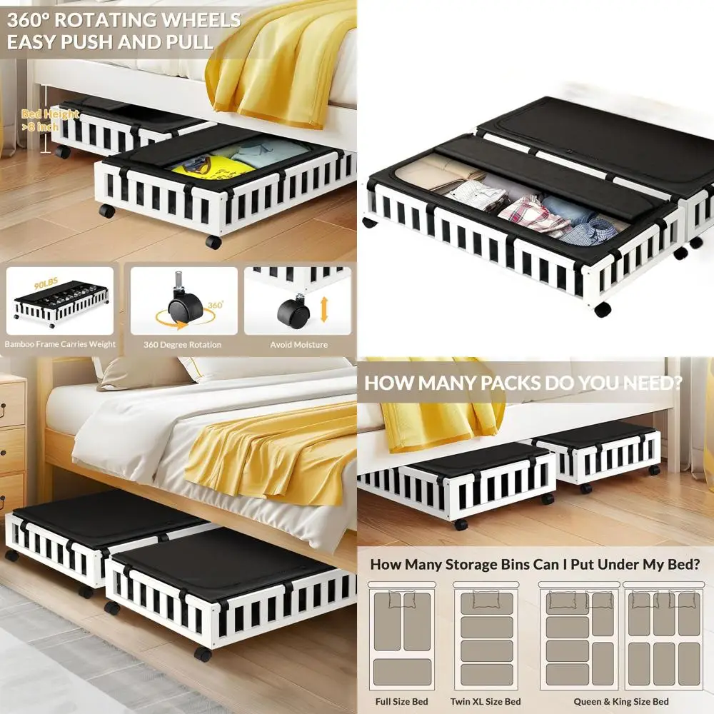 Pojemniki bambusowe na kółkach, 39x20x7,8 Duże pojemniki pod łóżko w kolorze białym