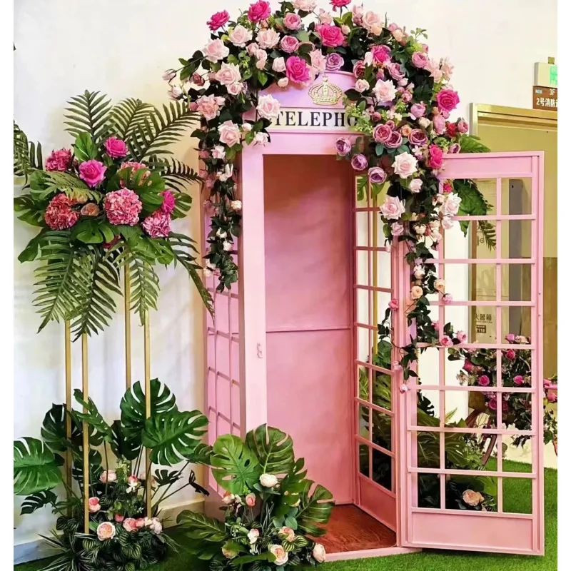 

custom.Pink Telephone Booth with Flower Salon Decoration Photo Prop Road Sign Floral London Telephone Booth