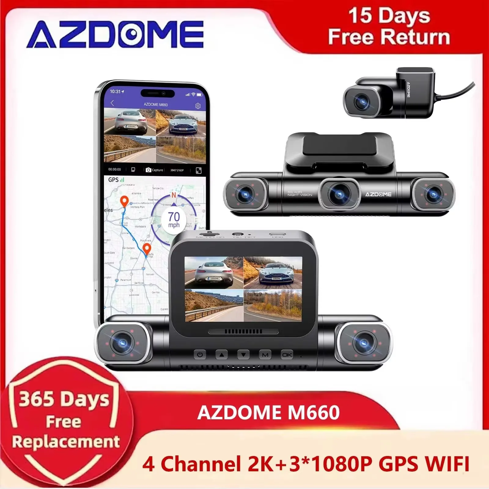 AZDOME M660 4 Channel Car DVR 2.5K+3*1080P Lens Dashcam Infrared Lights Night Vision WIFI GPS Video Recorder 24H Parking Moder