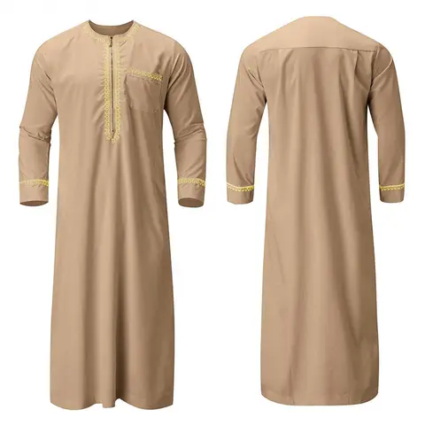 Men s Traditional Moroccan Kaftan Robe with Intricate Gold Embroidery Long Sleeves and Loose Fit for Ethnic Style Costume
