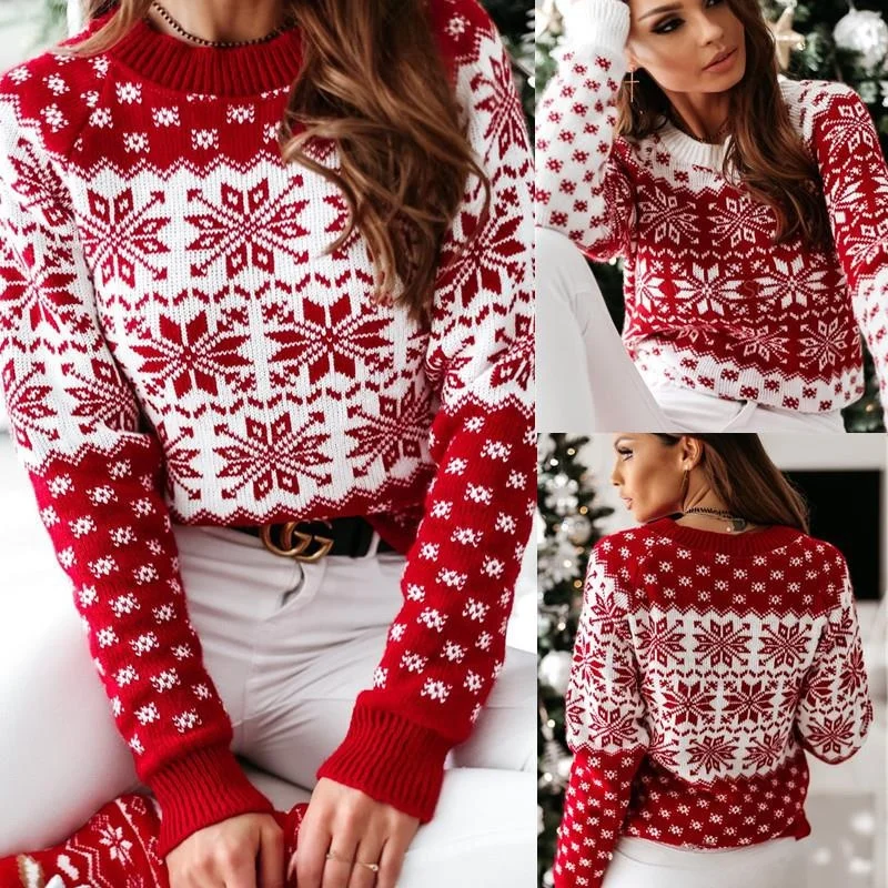 

Women's Knitted Sweater Long Sved Snowflake Design Fashionable Casual Style Winter Comfortable Warm Pullover Knitwear