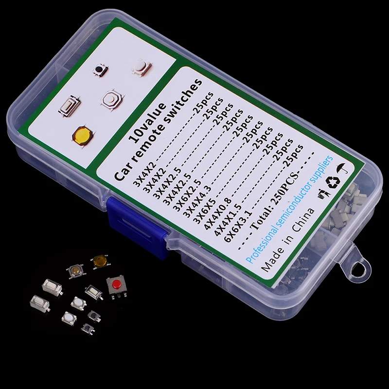 250Pcs 10 Types Tactile Push Button Switch Car Keys Button Touch Microswitch Small Touch On/Off Switch
