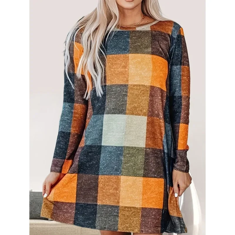 

Большие размеры 1XL-5XL, новые женские модные винтажные платья с длинными рукавами, женские повседневные клетчатые элегантные офисные платья для поездок на работу