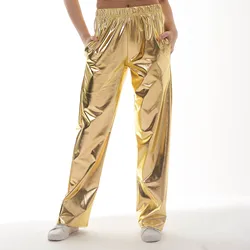 Women's Metallic Pants with Elastic Waist Solid Color Loose Pants Casual Trendy Grunge Streetwear with Pockets