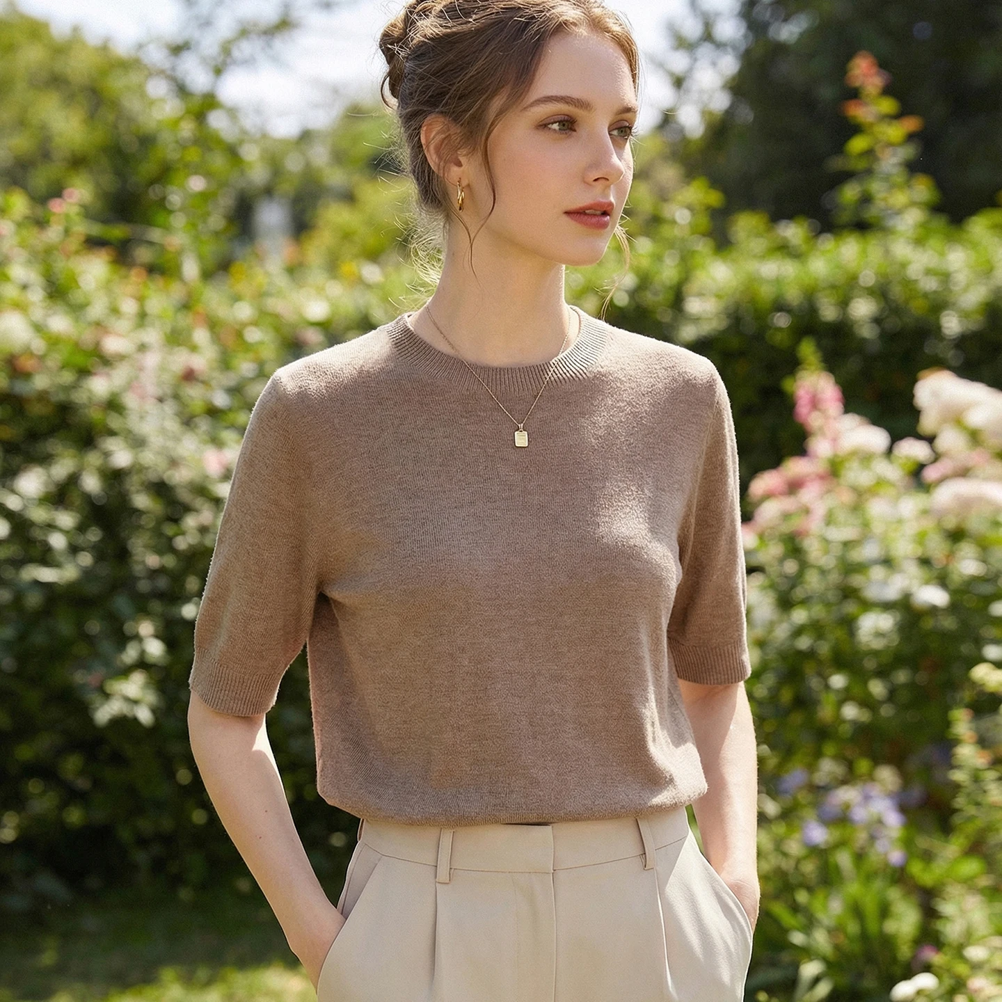100% Pure Wool First-Line Ready-To-Wear Sweater Women's Knitted Short-Sleeved T-Shirt Round Neck Thin Sweater Loose Half-Sleeve