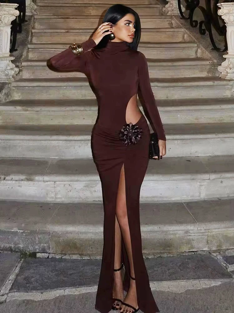 Mozision Turtleneck Long Sleeve Sexy Maxi Dress For Women Fashion Solid Hollow Out Thigh High Split Bodycon Elegant Club Dress