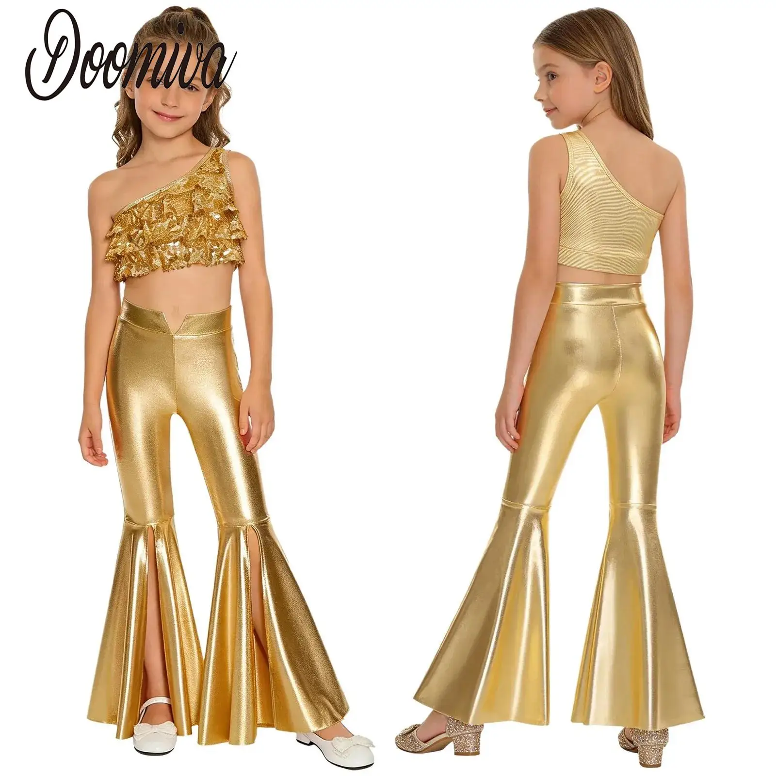 

Kids Girls Sequins Jazz Tango Dance Performance Outfit 2pcs Shiny Tiered Ruffles Sleeveless Crop Top and Split Bell-Bottom Pants