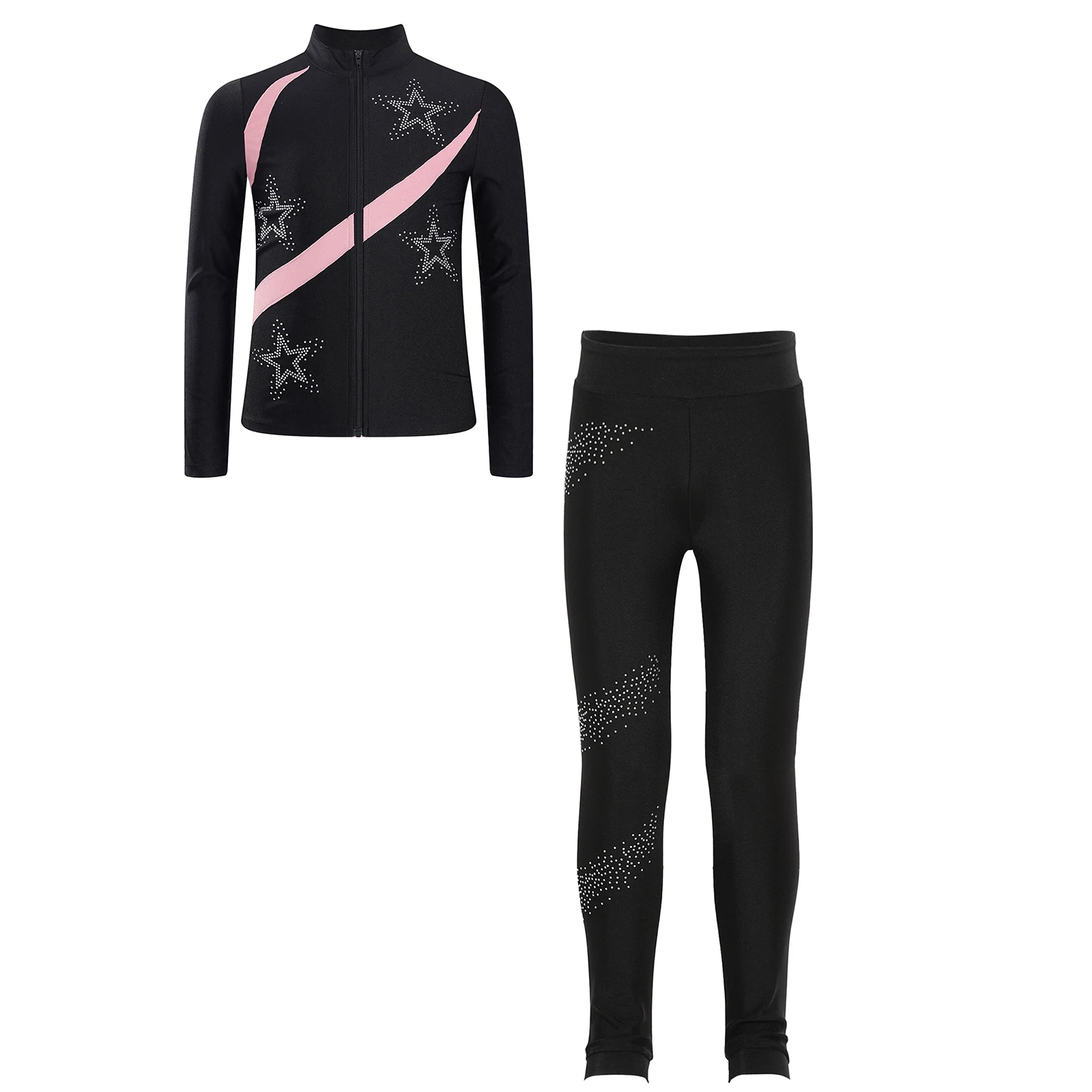 Children's Tracksuit Sports Gymnastics Set Kids Girls Ballet Figure Skating Outfit Long Sleeve Zipper Sweatshirt with Leggings