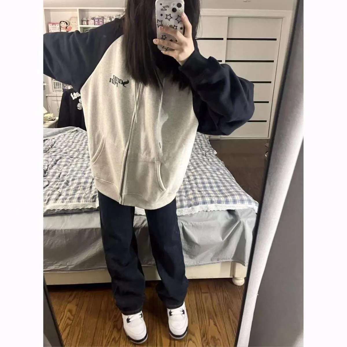 Americká vintage barevná mikina s kapucí pro ženy, volný střih, nadměrná kardiganová bunda - náhled 2