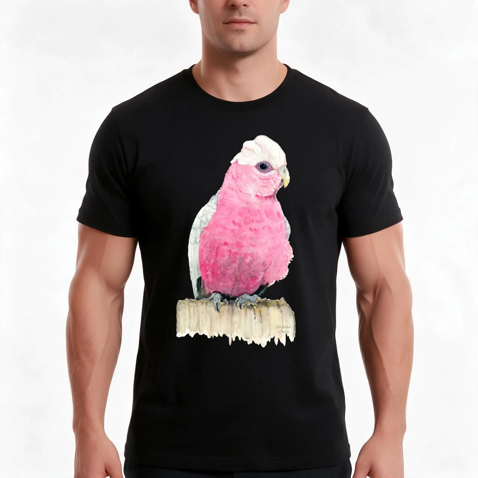 Pink Galah Watercolour Painting, Australian Native Bird Art T-Shirt, Summer Casual Cotton Tee, Oversized Streetwear Tops