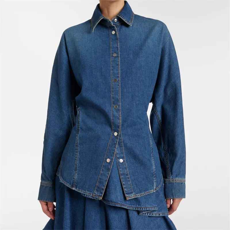 

Women's shirt New autumn 2025 single breasted slim lapel long sleeved top Vintage washed Women's blouse Cotton blend denim shirt