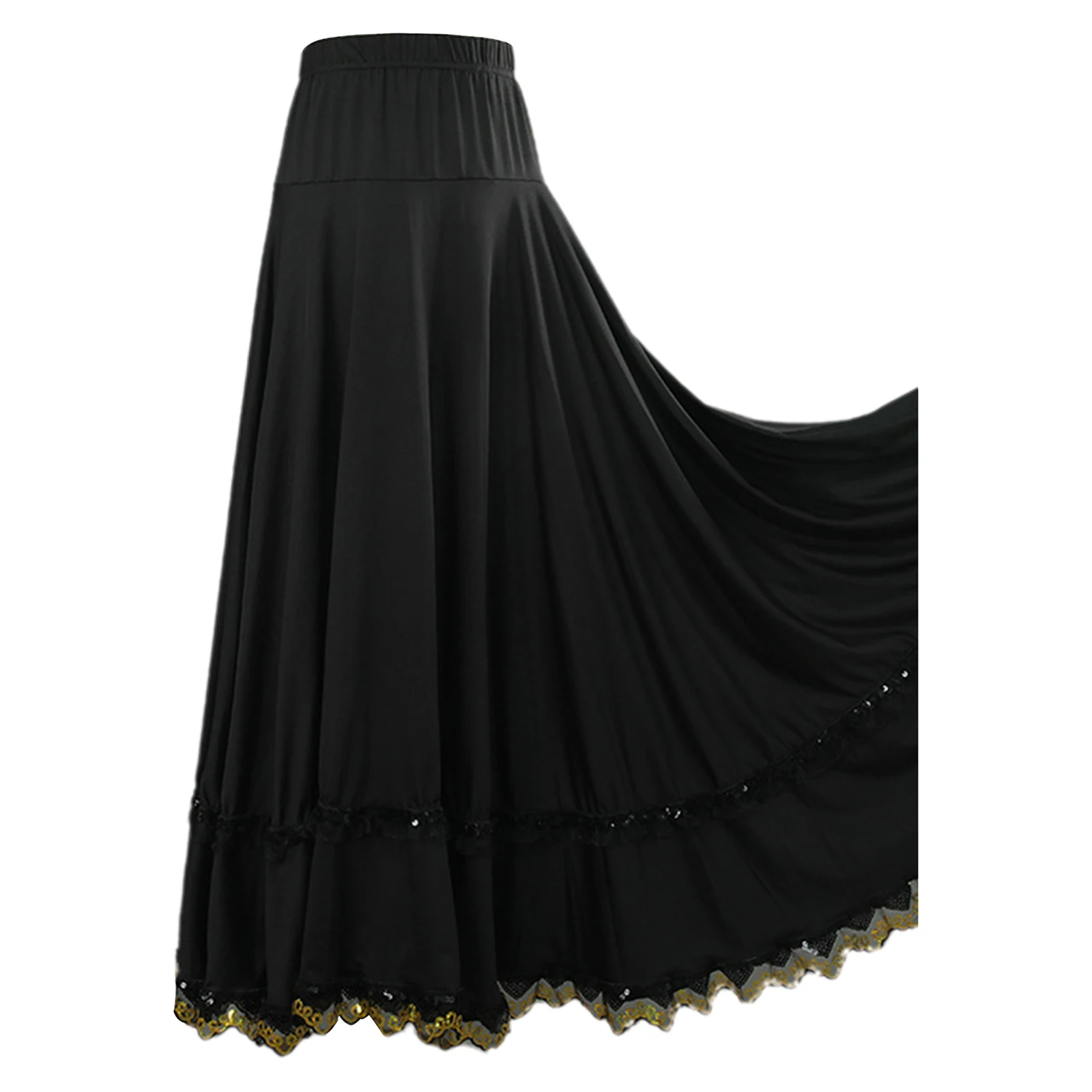 Gonna lunga da donna lirica moderna per danza flamenco, gonna da ballo elastica a vita alta con volant in pizzo per sala da ballo, danza quadrata etnica