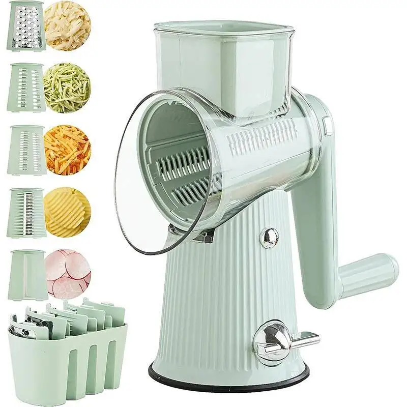 

5 In 1 Rotary Cheese Grater Handle Kitchen Vegetable Cutter Round Mandoline Drum Slicer With Suction Base JT435