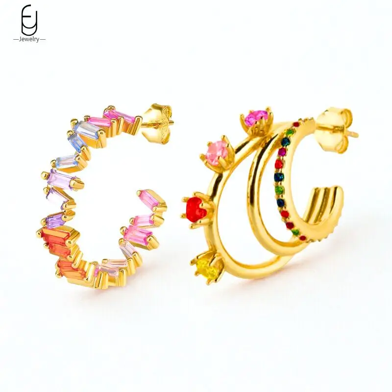

C-shaped Stud Earrings 925 Sterling Silver Needle Colorful Zircon Irregular Piercing Earrings for Women Fine Jewelry Pendientes