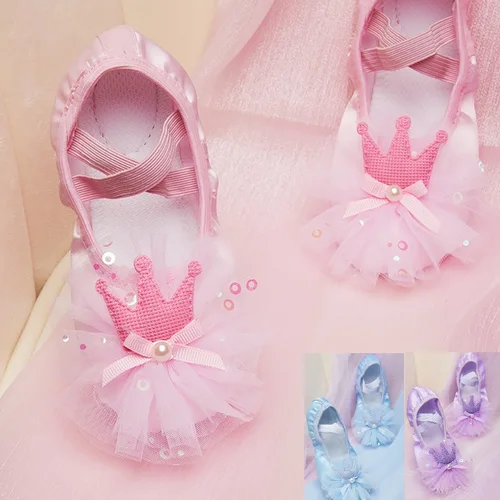 Imagen 2 del producto Zapatos de Ballet para niños, zapatos de Ballet de encaje con corona de satén para baile profesional para niñas, zapatos de princesa de entrenamiento profesional de suela suave
