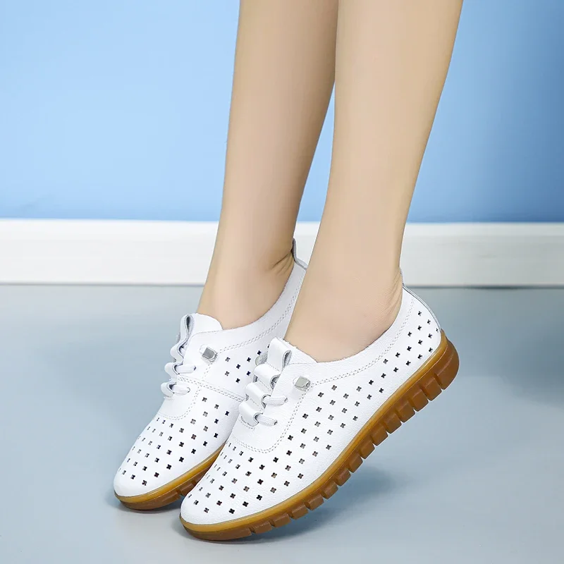 Women Casual Shoes Moccasins Soft Pointed Toe Ladies Footwear Women Flats Shoes White Genuine Leather Summer Loafers