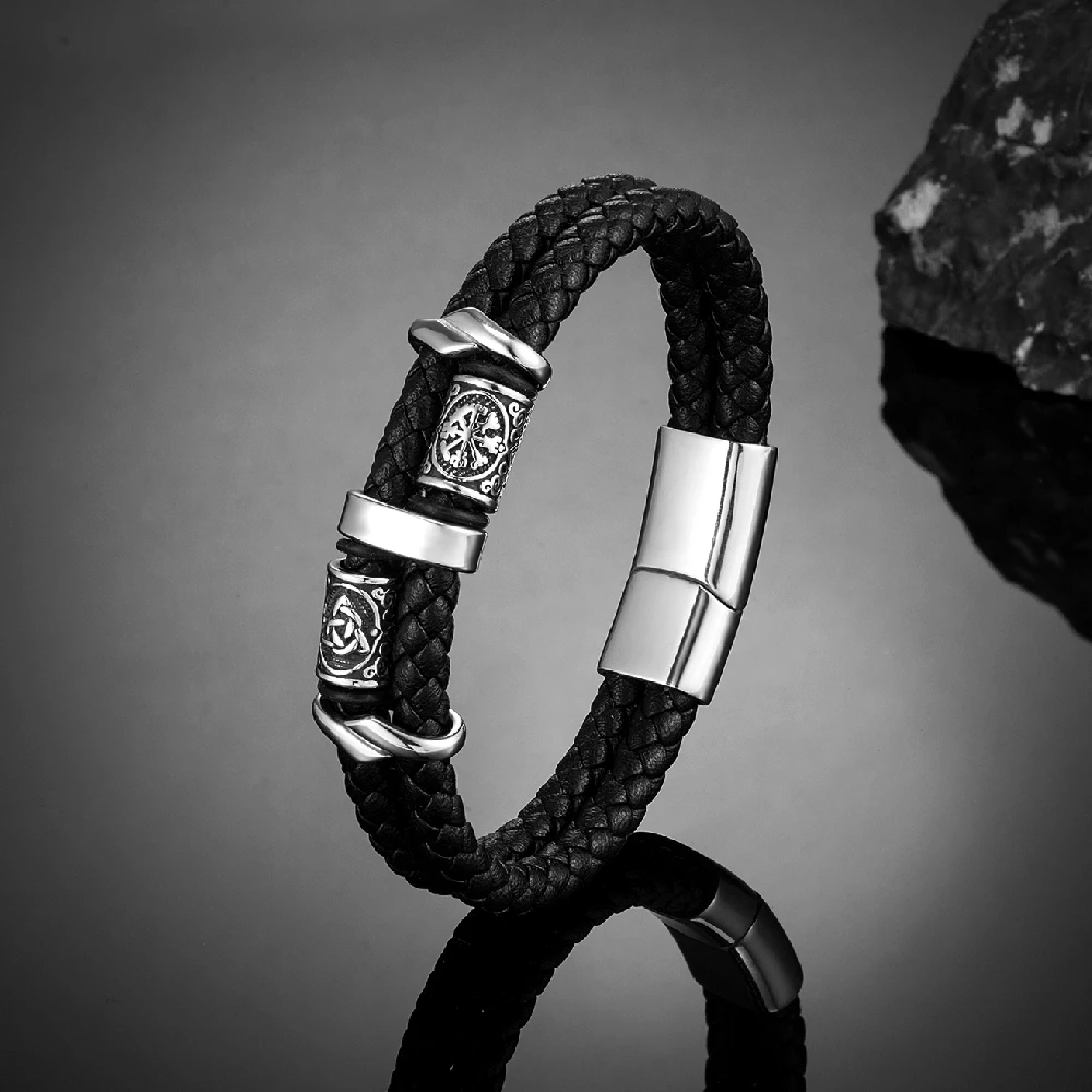 Punk masculino vikings estilo pulseira de couro genuíno trançado multicamadas aço inoxidável runas nórdicas grânulo pulseiras casal jóias presente