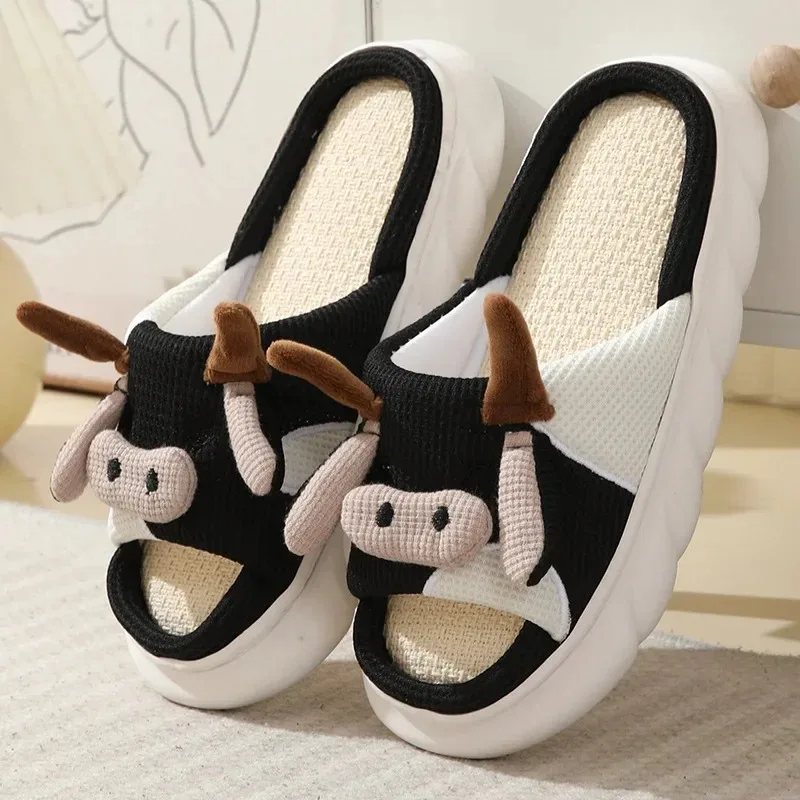 Cute Cartoon Cow Linen Slippers Man Four Seasons Non-slip Universal Indoor Home Cotton Linen Sandals