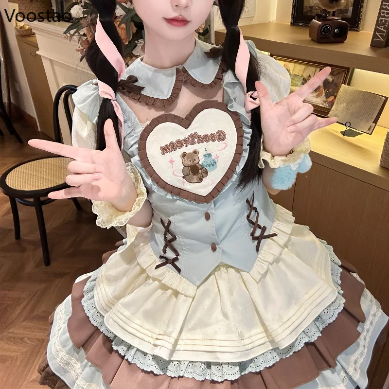 Japanese Sweet Lolita Set Women Kawaii Bow Cartoon Bear Shirt Top Cute Y2k Cake Mini Skirt Girls Harajuku Princess Dress Outfits