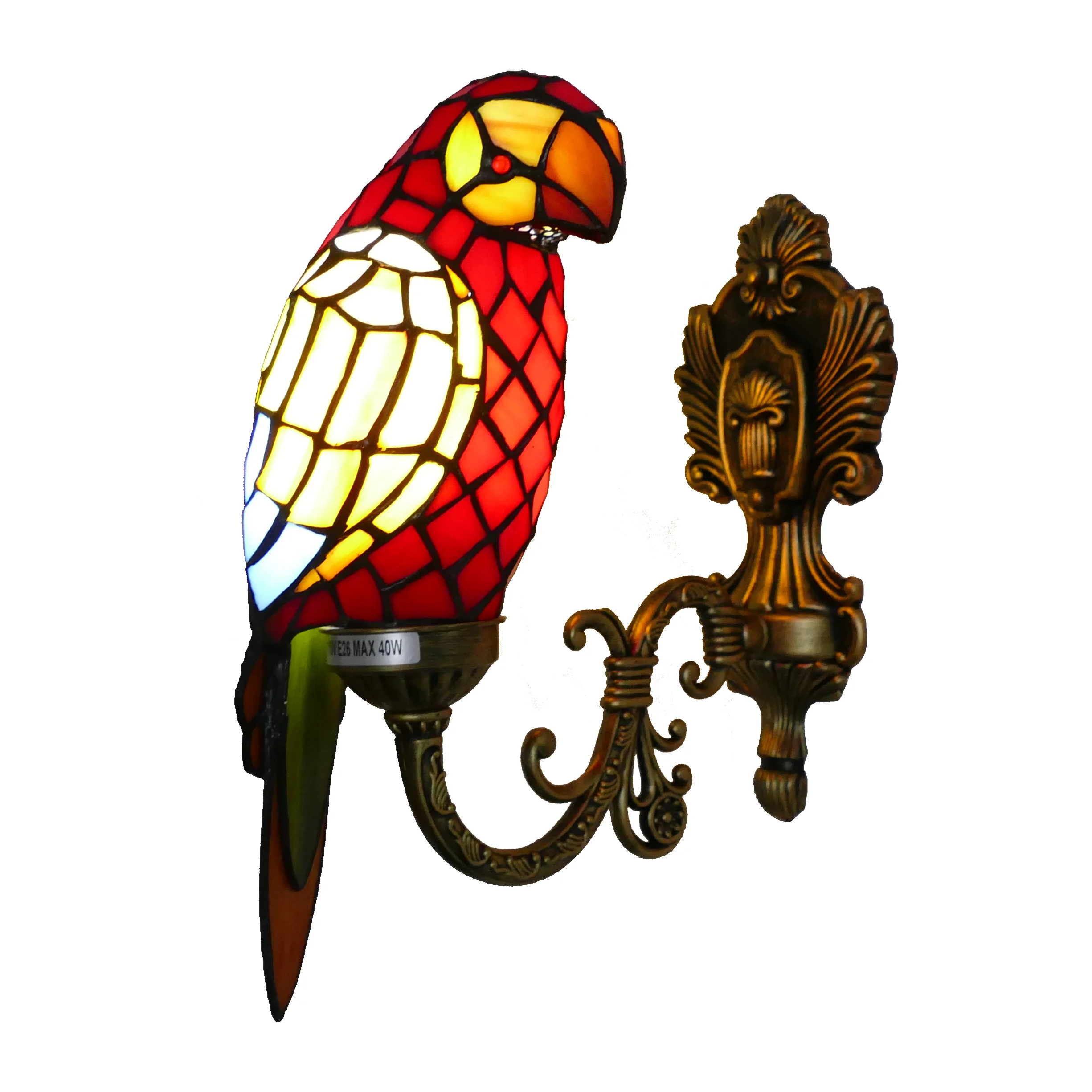 American Retro Vintage Iron Wall Lamp Parrot Stained Glass E26 Base LED Light Outdoor Garden Home Corridor Decoration