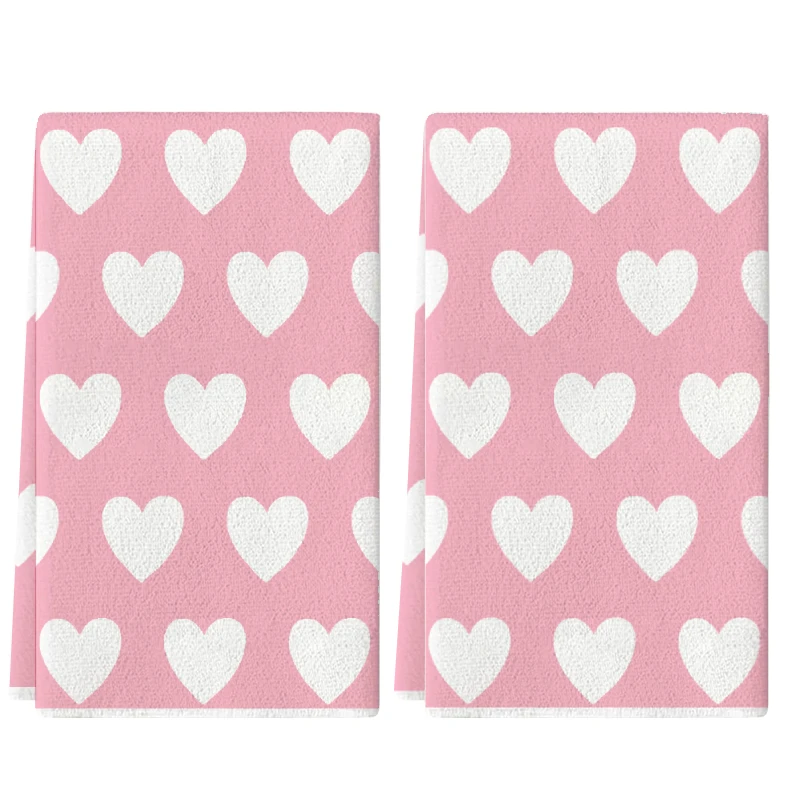 2Pcs, Sweet Pink Heart Kitchen Towels, 40Cm*60Cm Towel Set, Super Absorbent Soft Cleaning Cloth, Cooking and Baking Tea Towel, Hand Towel, Cleaning Cloth, Dishcloth, Kitchen Decoration, Living Room Decoration, Kitchen Essentials, Home Essentials