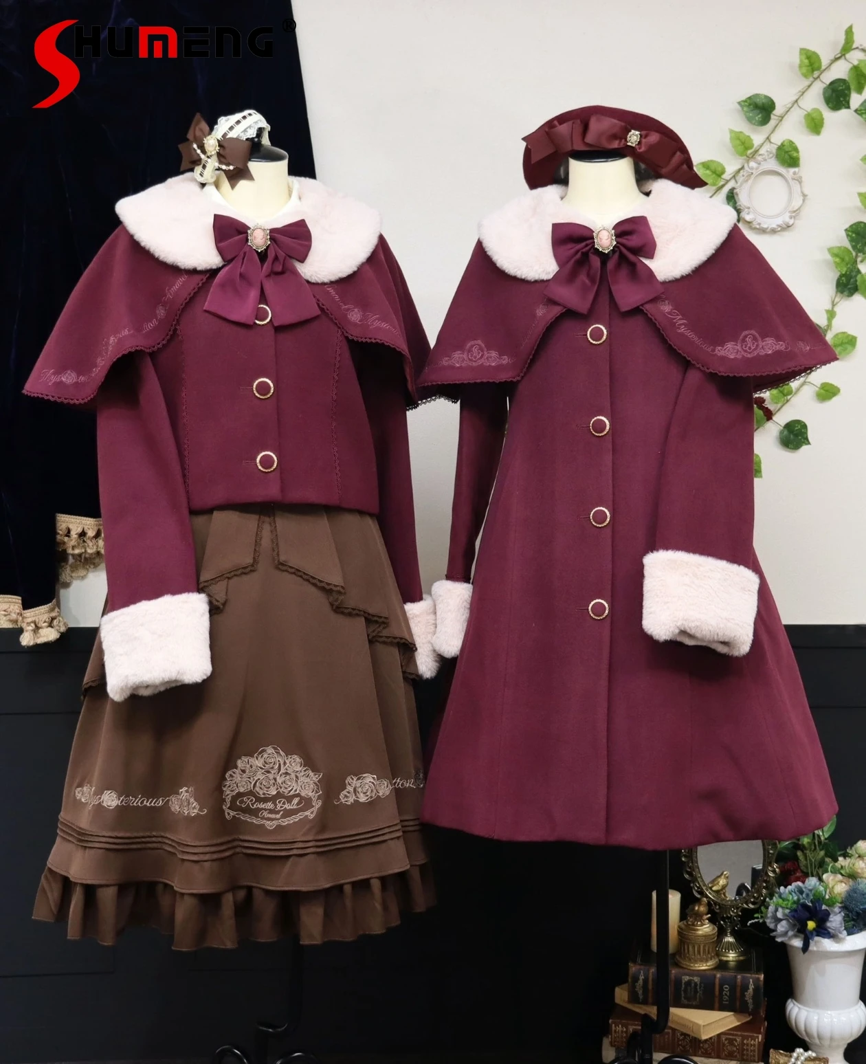 

Japanese Style Elegant Retro Embroidered Cape Plush Sleeve Single-Breasted Versatile Retro Lolita Long Coat Jackets Women Winter