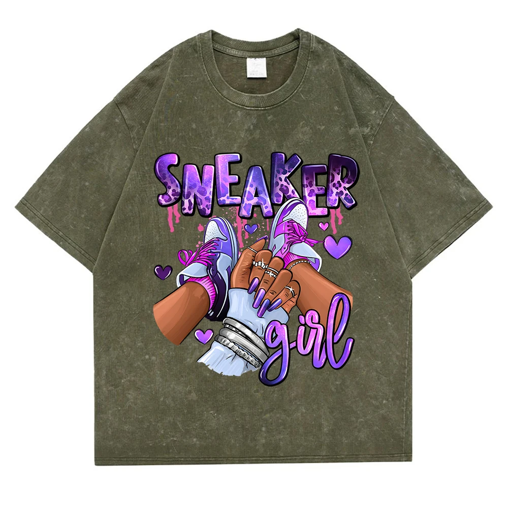 Purple Sneaker Girl Washed Retro Snow Tshirt Men Fashion Cotton Tee Clothes Casual Breathable T-Shirt Street Soft Short Sleeve