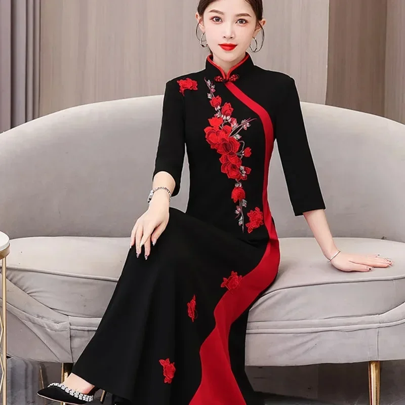 

Золотое бархатное длинное платье среднего возраста с вышивкой Cheongsam Femme, искусственное платье из двух частей с рукавами четверть, Vestidos JJ232